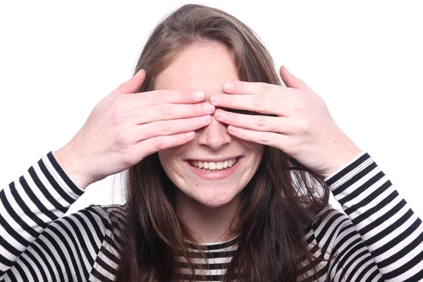 Bella Donna Caucasica Sta Coprendo Gli Occhi — Foto Stock