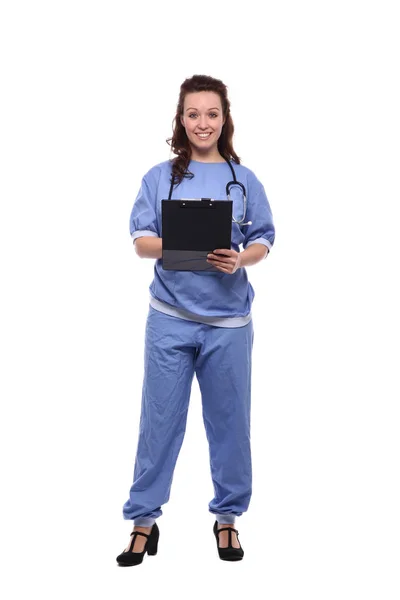 Kaukasiska Kvinnliga Läkare Medicinsk Uniform Med Stetoskop Och Urklipp — Stockfoto