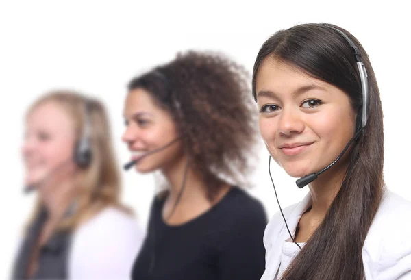 Young Girls Wearing Headphones Working Call Center — Stock Photo, Image