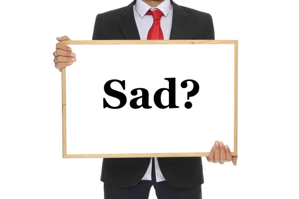 Empresário Está Segurando Quadro Negro Com Palavra Triste — Fotografia de Stock