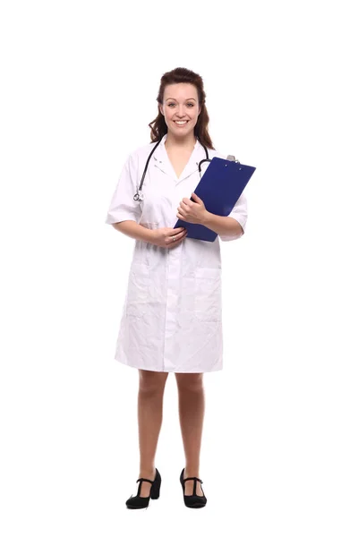 Doctora Caucásica Uniforme Médico Con Estetoscopio Portapapeles — Foto de Stock