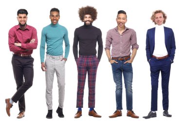 Beyaz arka planda çok ırklı erkek seti