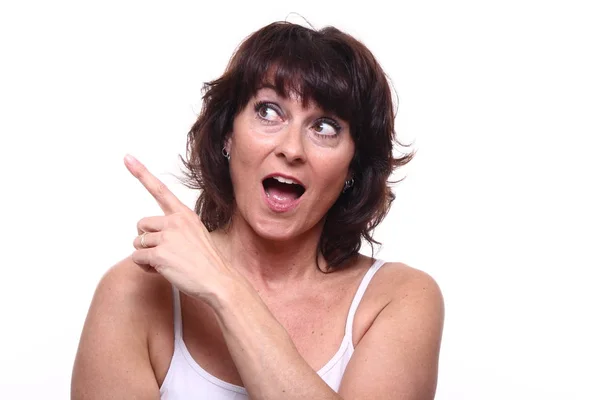 Happy Adult Woman Pointing Something — Stock Photo, Image