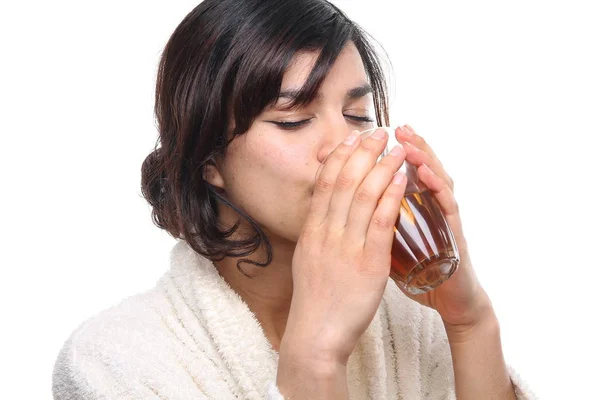 Beautiful Afro American Woman Bathrobe Drinking Tea — Stock Photo, Image