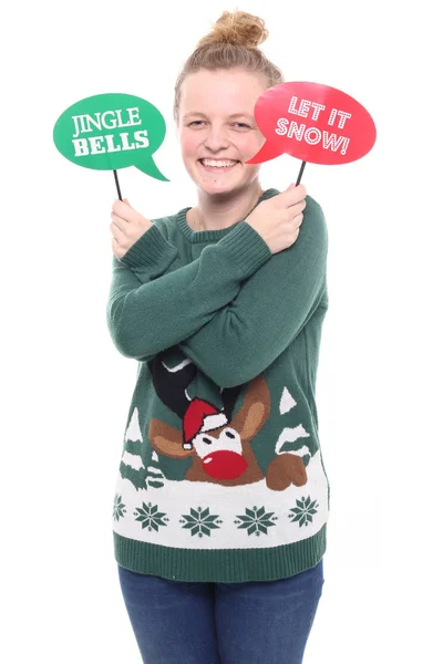 Menina Bonita Com Sinais Let Snow Jingle Bells — Fotografia de Stock