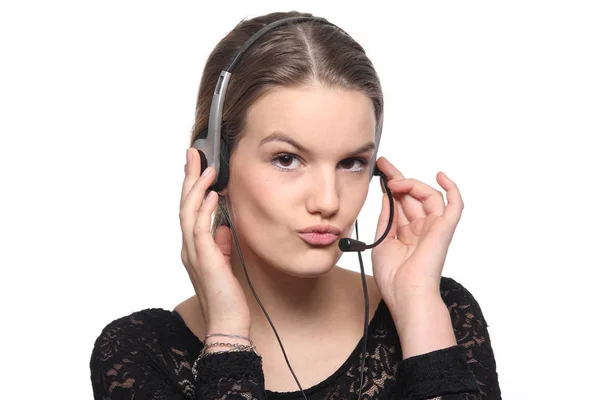 Menina Bonita Usando Fone Ouvido Operador Call Center — Fotografia de Stock