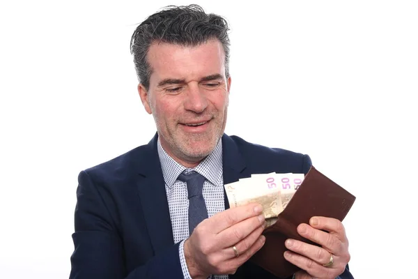 Old Caucasian Businessman Euro Money Wallet — Stock Photo, Image