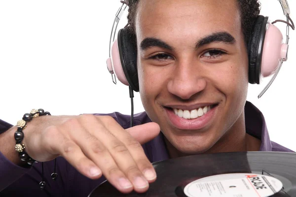 Hombre Negro Con Disco Vinilo Con Auriculares — Foto de Stock