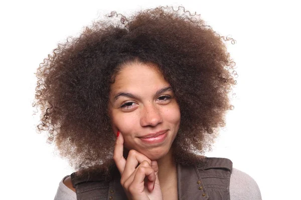 Feliz Joven Mujer Negra Sobre Fondo Blanco —  Fotos de Stock