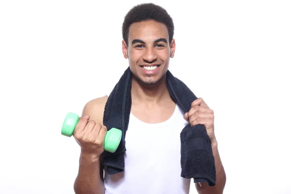 Esportista Preto Exercitando Com Barbell — Fotografia de Stock