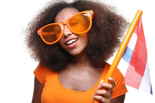 Linda Afro Americana Holanda Feminina Com Bandeira Holandesa — Fotografia de Stock