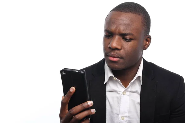 Homem Negócios Preto Falando Telefone Móvel — Fotografia de Stock