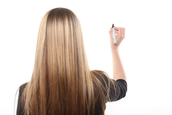 Junges Blondes Mädchen Schreibt Etwas Mit Einem Stift — Stockfoto