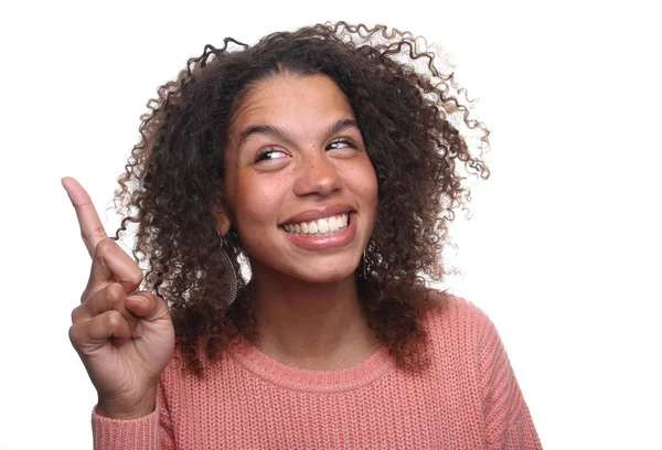 Gelukkig Zwarte Vrouw Witte Achtergrond — Stockfoto