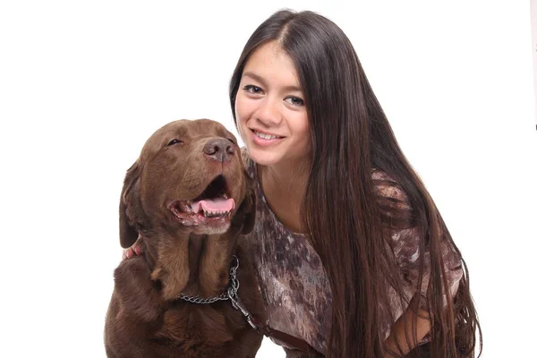 Jeune Fille Asiatique Avec Chien — Photo