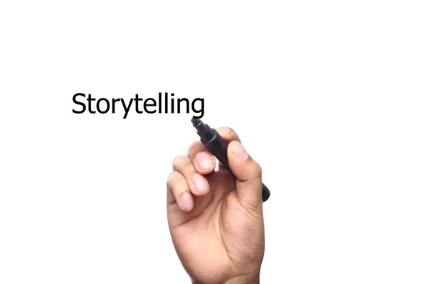 Mão Masculina Desenho Palavra Storytelling Com Marcador — Fotografia de Stock