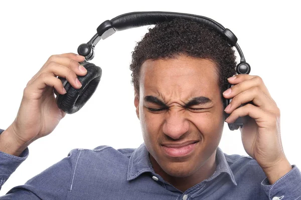 Black Man Listening Music Headphones — Stock Photo, Image