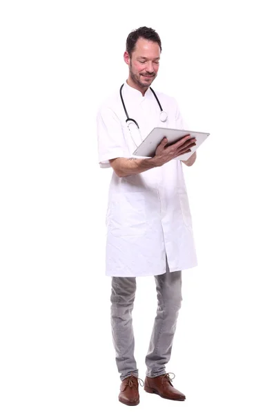 Male Doctor Wearing Special Uniform Stethoscope Using Tablet — Stock Photo, Image