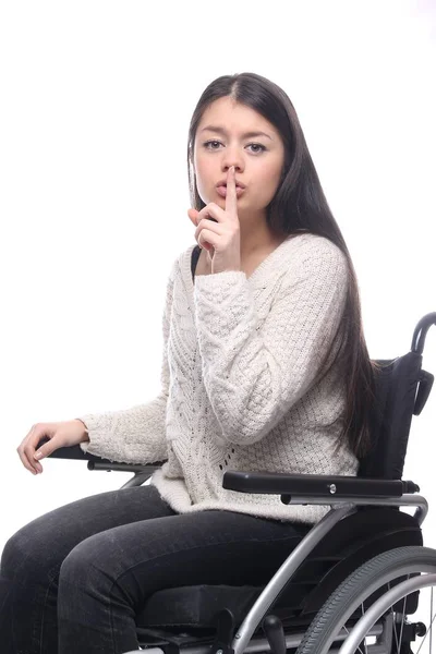 Jeune Femme Asiatique Fauteuil Roulant Montre Signe Silence — Photo