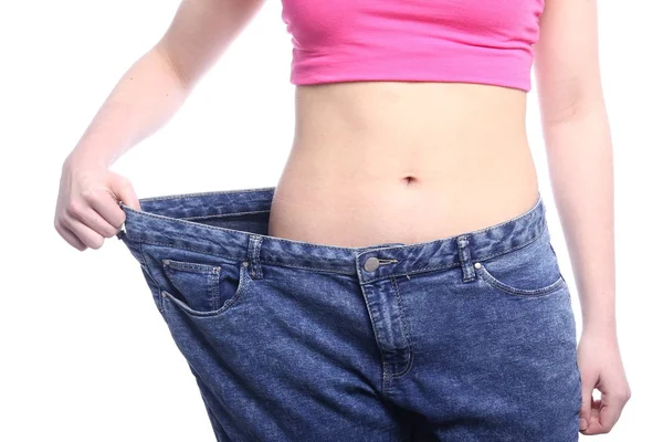 Caucasiano Menina Magra Posando Jeans Grandes — Fotografia de Stock