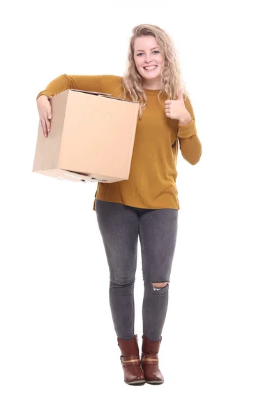 Blonde Girl Holding Cardboard Box — Stock Photo, Image