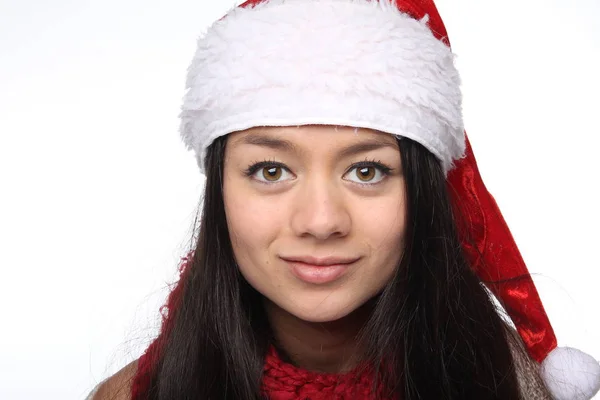 Felice Giovane Ragazza Asiatica Indossa Cappello Natale — Foto Stock