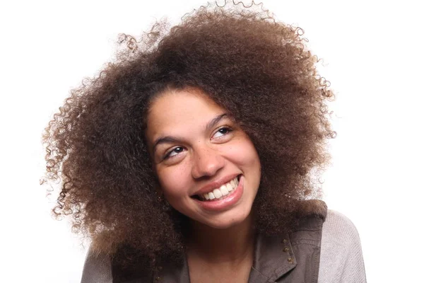 Gelukkig Jonge Zwarte Vrouw Witte Achtergrond — Stockfoto