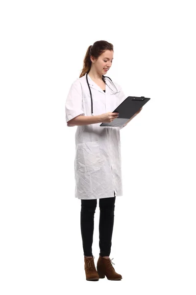 Caucasian Female Doctor Medical Uniform Stethoscope Clipboard — Stock Photo, Image