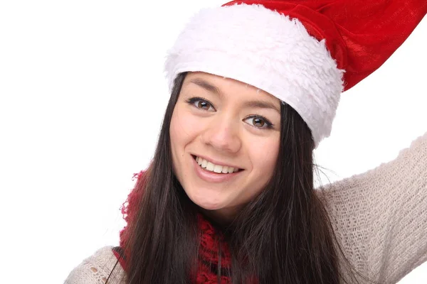 Glücklich Junge Asiatische Mädchen Trägt Weihnachtsmütze — Stockfoto