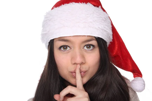 Jovem Asiático Menina Vestindo Natal Chapéu Mostrando Silêncio Sinal — Fotografia de Stock