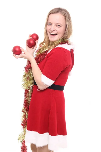 Schönes Mädchen Mit Weihnachtskugeln Und Dekoration — Stockfoto