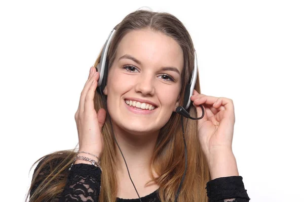 Mooi Jong Meisje Een Koptelefoon Dragen Exploitant Call Center — Stockfoto