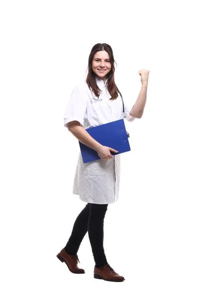 Doctora Caucásica Uniforme Médico Con Estetoscopio Portapapeles — Foto de Stock