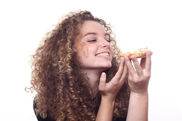 Krásná Dívka Kavkazské Jíst Pizzu — Stock fotografie
