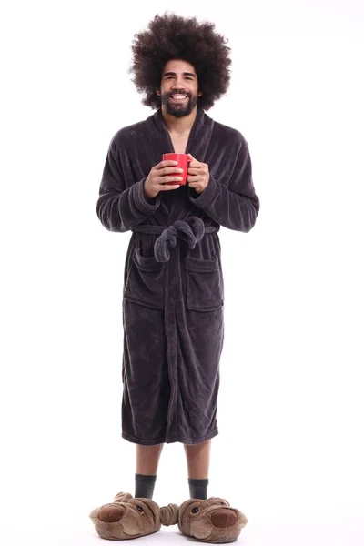 Man Pajamas Holding Cup Smiling White Background — Stock Photo, Image