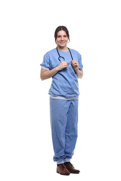 Médica Branca Uniforme Médico Com Estetoscópio — Fotografia de Stock