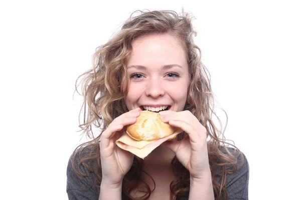 Menina Branca Bonita Está Comendo Sanduíche — Fotografia de Stock