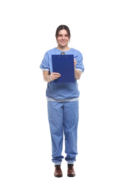 Médica Branca Uniforme Médico Com Estetoscópio Prancheta — Fotografia de Stock