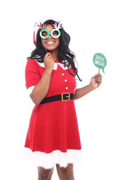 Schöne Afroamerikanische Frau Mit Jingle Bells Zeichen — Stockfoto