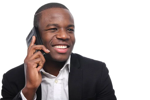 Zwarte Zakenman Praten Mobiele Telefoon — Stockfoto