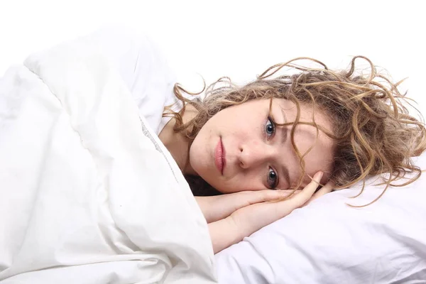 Beautiful Young Girl Lying Bed — Stock Photo, Image