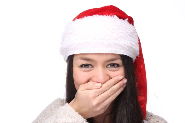 Feliz Joven Asiática Chica Está Usando Sombrero Navidad Imagen De Stock