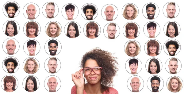 Smiling Afro American Woman Background Icons People Faces — Stock Photo, Image
