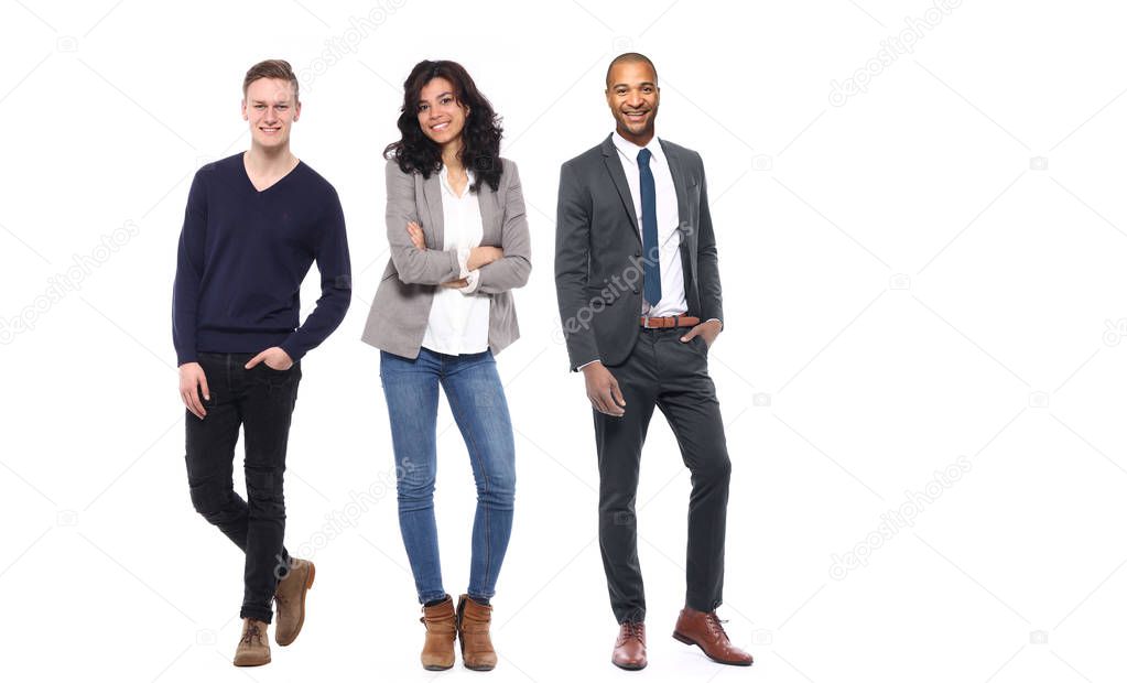 Set of multi-ethnic people is posing on white background