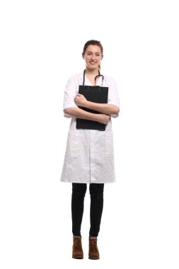 Beyaz kadın doktor stetoskop ve Pano ile tıbbi üniformalı