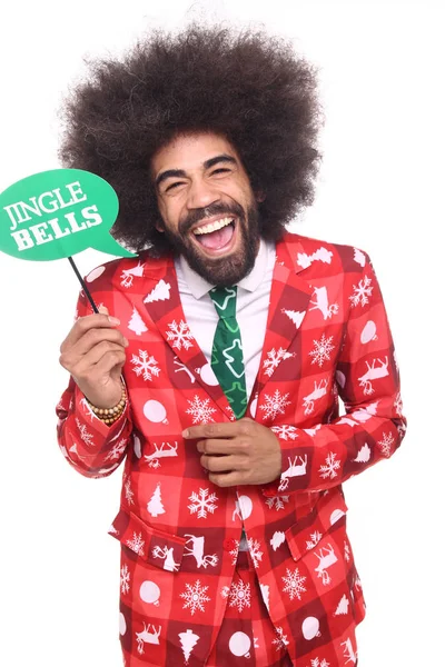 Чорний Чоловік Тримає Jingle Bells Знак — стокове фото