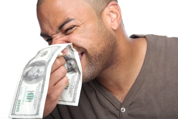 Man Die Zijn Uitgehakt Dollar Biljetten — Stockfoto