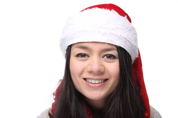 Χαρούμενος Νεαρός Ασιατικό Κορίτσι Φοράει Καπέλο Χριστουγέννων — Φωτογραφία Αρχείου