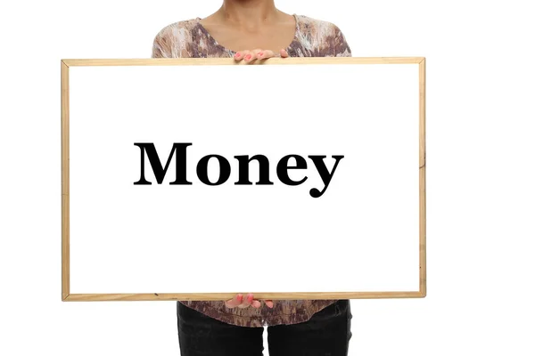 Kvinnan Håller Svarta Tavlan Med Ordet Pengar — Stockfoto
