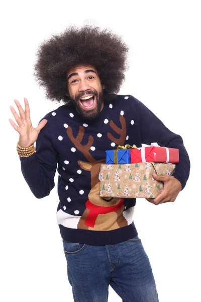 Щасливий Чорний Чоловік Подарунковими Коробками — стокове фото